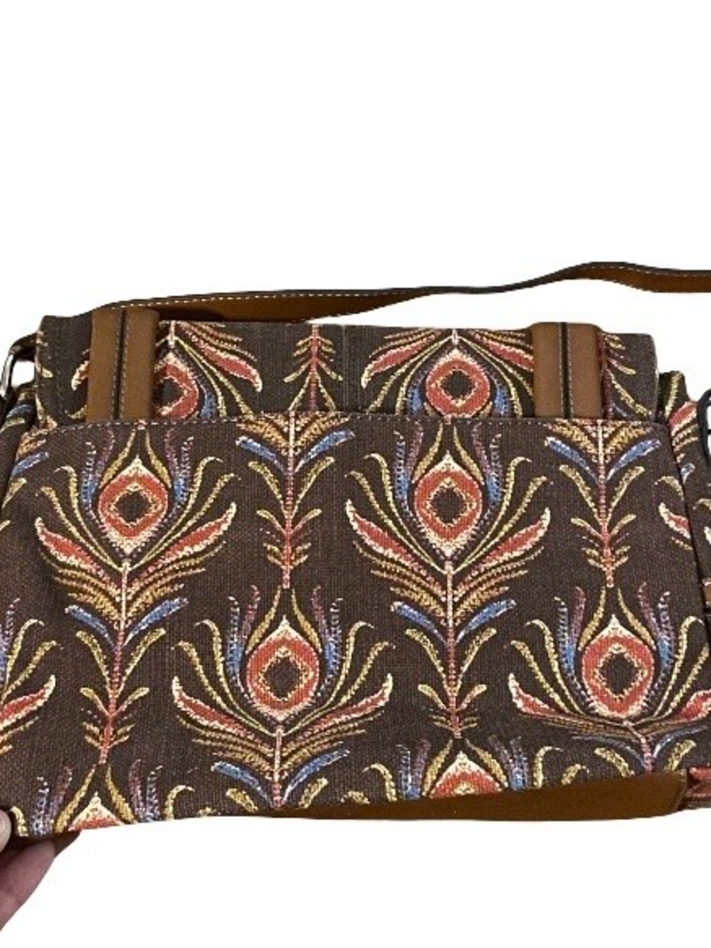 Relic by Fossil brown peacock feather leather crossbody adjustable canvas bag - Picture 3 of 10